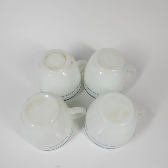 Anchor Hocking Anchorware 4 Teal Blue Stripe Coffee Mugs 910 Cups Vtg Milk Glass - Picture 10 of 14
